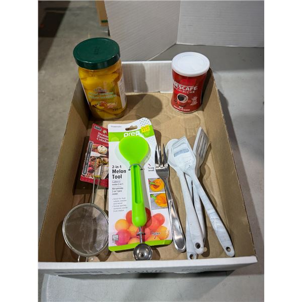 Kitchen items, coffee, and peaches