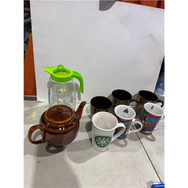 Assorted mugs, teapot, and PITCHER