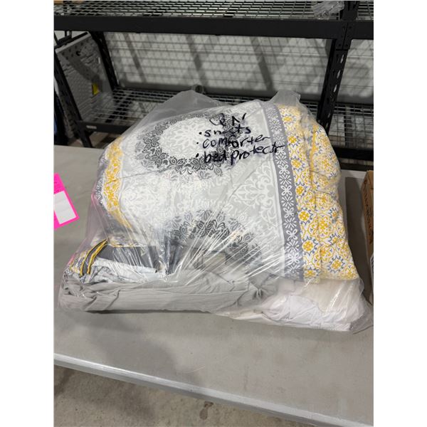 Queen, size sheets, comforter, and bed protector