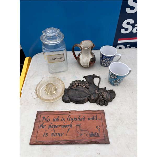 Canister, juicer, and home decor and mugs