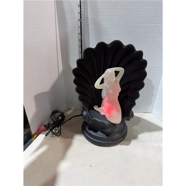 vintage 1980s retro color-changing accent lamp featuring a frosted mermaid figurine seated inside a 