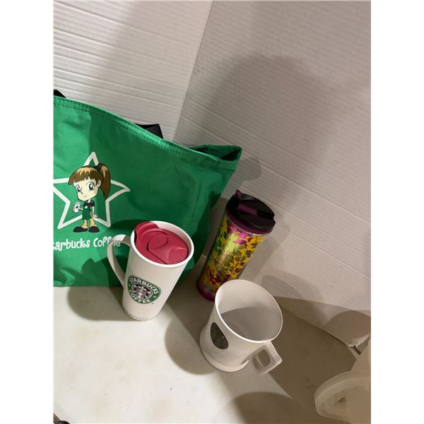 Starbucks, cups, and bag
