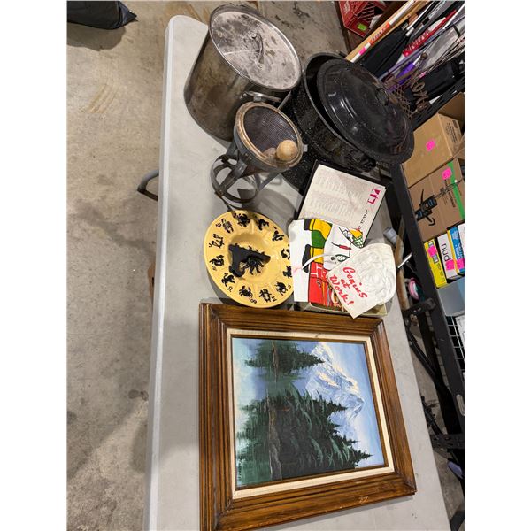 Canning jar, juice strainer, and other items