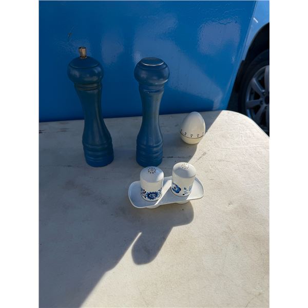 Salt and pepper shakers, and egg timer