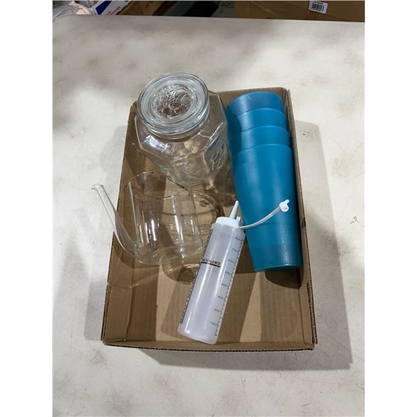 Glass jar, measuring item and glasses, etc.