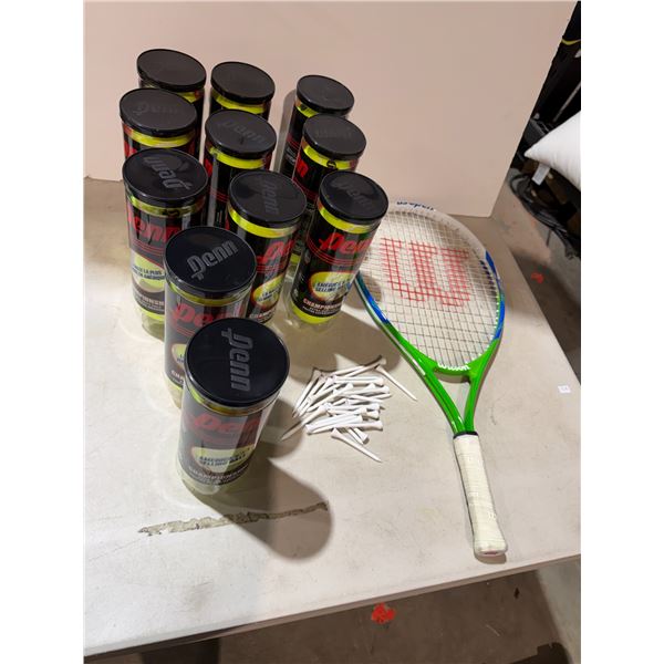 Tennis balls, golf tees, and racket