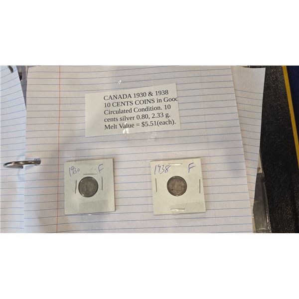 1930 & 1938 Canada 10cent coins