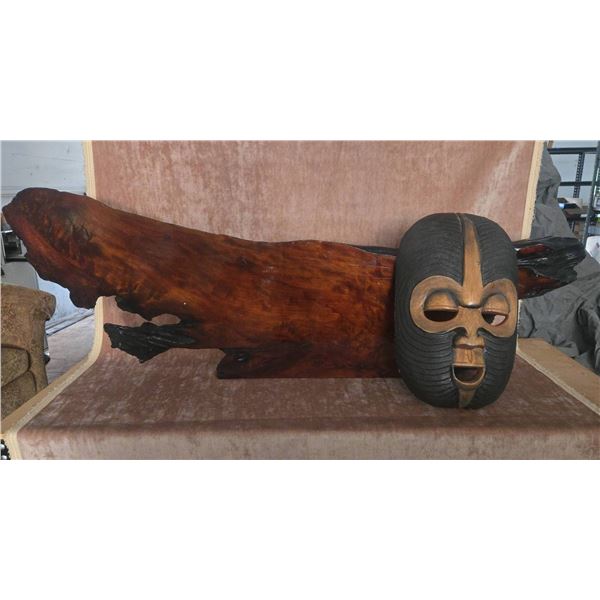 Hand-Carved Wooden Mask and Natural Wood Display Stand