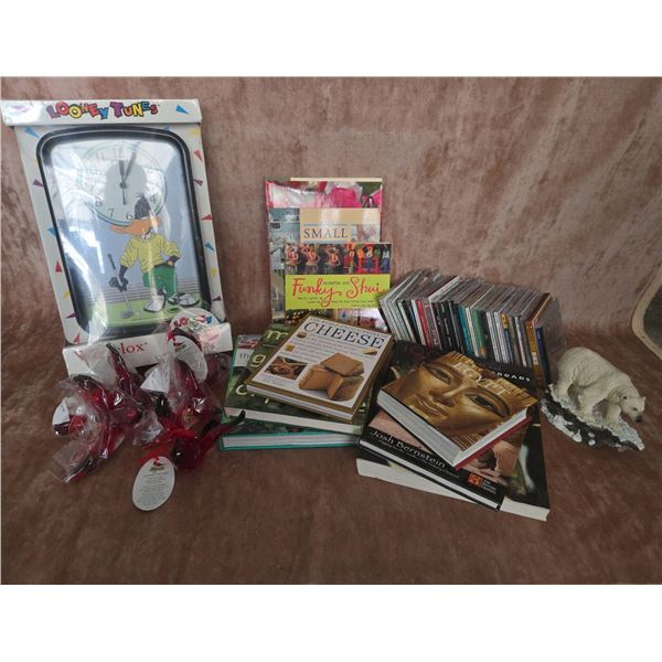 Lot: Looney Tunes Westclox Clock, Glass Cardinal Ornaments, Books, CDs, Polar Bear Figure