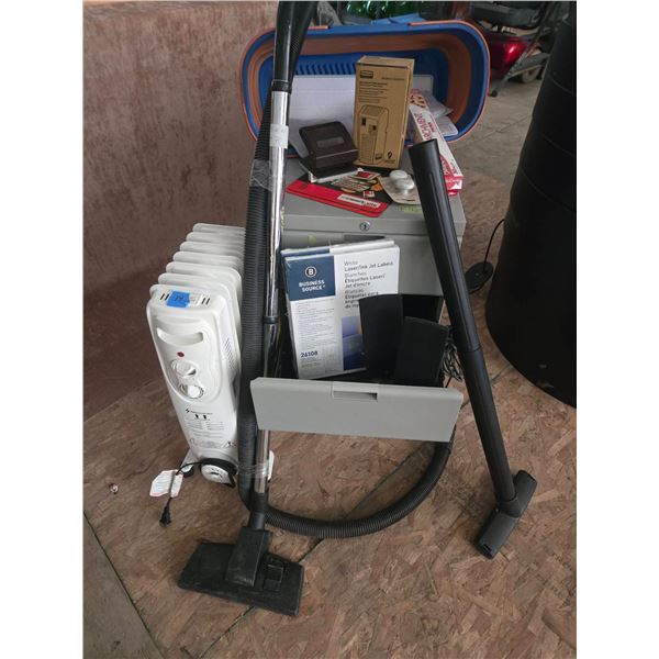 Household Items: Oil Heater, Vacuum, Storage Bin, and Miscellaneous