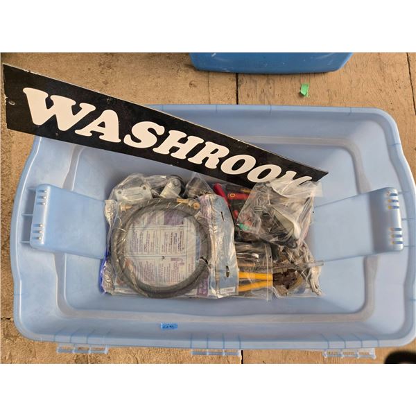Hand Tools, Electrical Items and Washroom Sign in Storage Bin