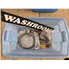 Image 1 : Hand Tools, Electrical Items and Washroom Sign in Storage Bin