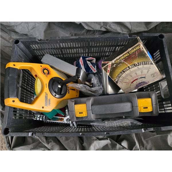 Plastic Tote With Johnson Level, Wrenches, Test Meter, Miscellaneous Tools