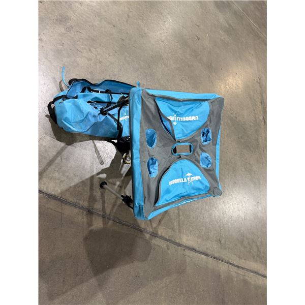 Beach umbrella station with cupholder