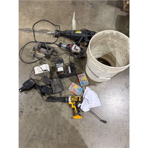 Assorted tools with batteries and other items
