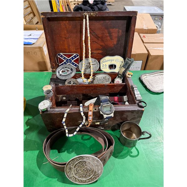 Vintage wood box with assorted belt, buckles and watches, etc.