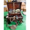 Image 1 : Vintage wood box with assorted belt, buckles and watches, etc.