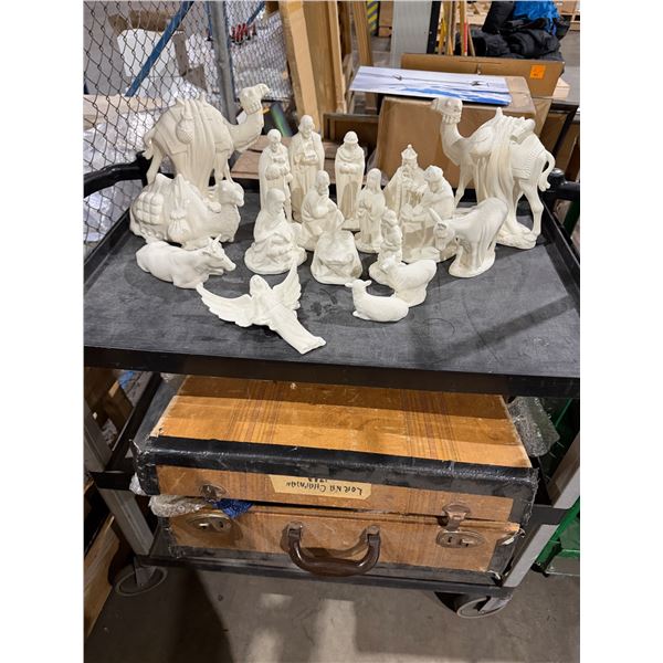 Nativity figures with Vintage suitcase one animal has broken ear see picture