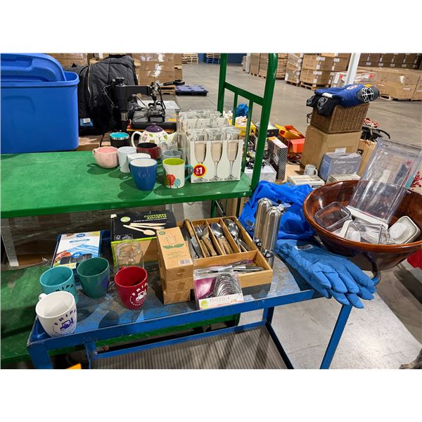 Disposable cutlery, regular cutlery, grinders, teapot, glasses, etc.