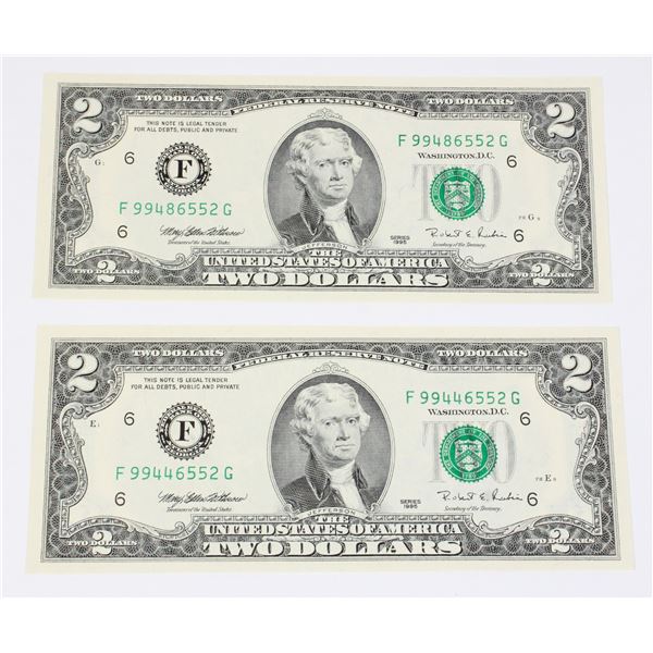 LOT OF 2 UNCIRCULATED 1995 AMERICAN $2 BILLS