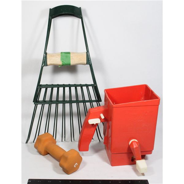 HAND RAKES, SMALL SPREADER, AND A