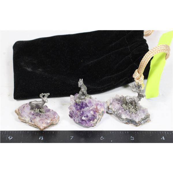 AMETHYST CLUSTER WITH HOWLING WOLF  BUCK AND DEER