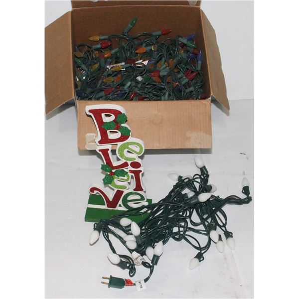 BOX OF CHRISTMAS LIGHTS AND DECORATIONS
