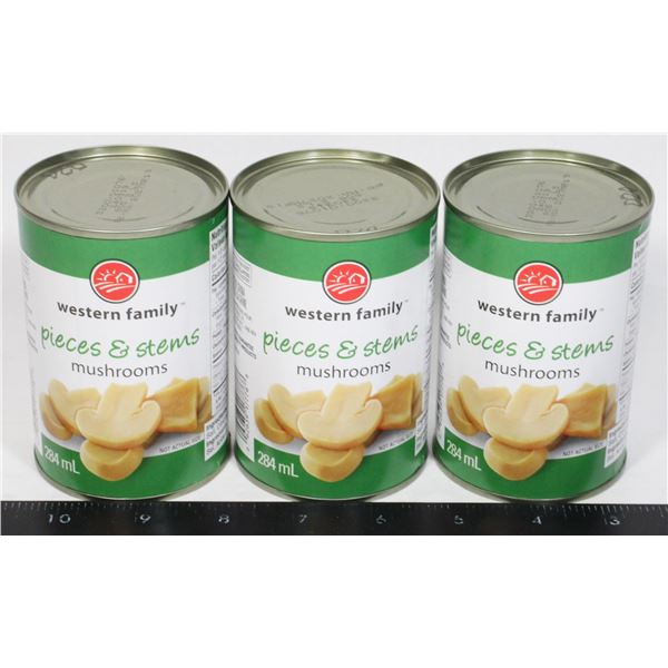 3 CANS OF MUSHROOMS, WESTERN FAMILY