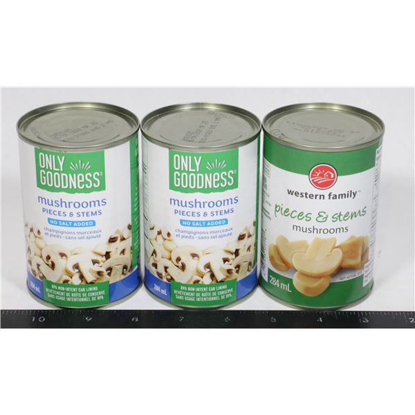 3 CANS OF MUSHROOMS, ASSORTED
