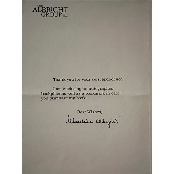 Madeleine Albright facsimile signed note. 5x8 inches
