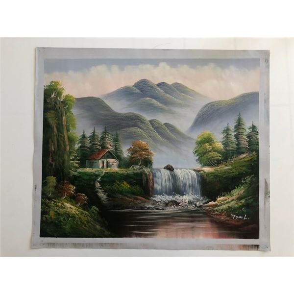 Mountain Cabin - Waterfall - Landscape Art