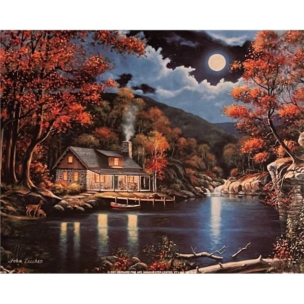 John Zaccheo Cabin by the River at Night Art Print