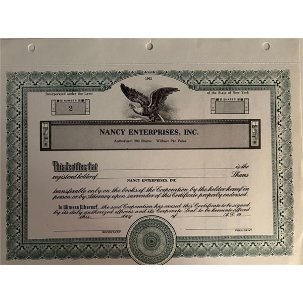 Nancy Enterprises stock certificate