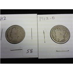 1912 And 12-D Liberty "V" Nickels (12 Is VG)