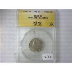 1883 No Cents Liberty "V" Nickel ANACS MS60 Detail