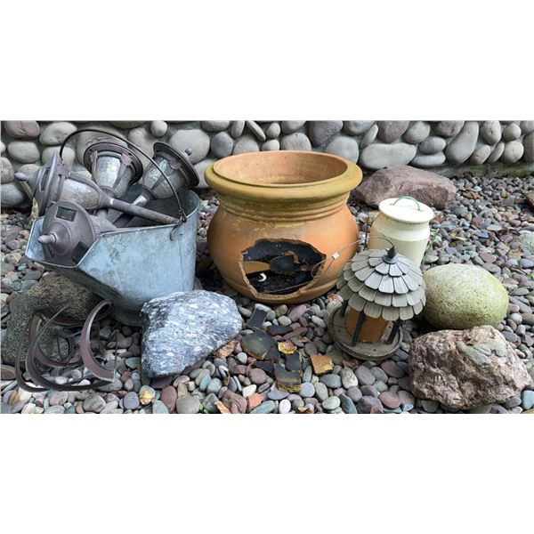 Garden Decor Lot with Complete Large Rocks, Planter, Lanterns, and Metal Fixtures