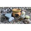 Image 1 : Garden Decor Lot with Complete Large Rocks, Planter, Lanterns, and Metal Fixtures