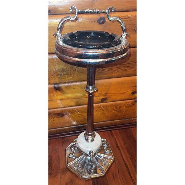 Metal and Marble Pedestal Ashtray Stand with Handle