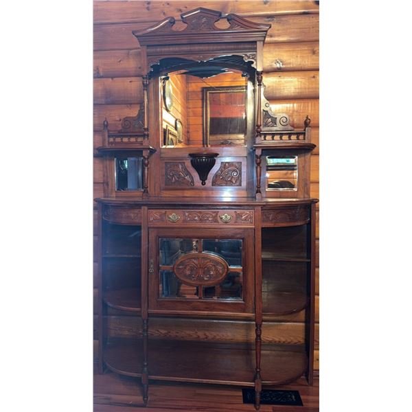 Carved Wood Sideboard with Mirror, Shelves and Ornamental Details