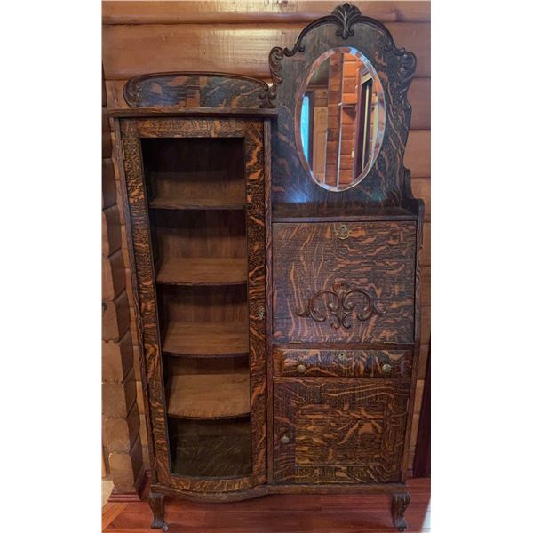 Tigerwood Cabinet with Mirrored Back, Drop-Front Desk, and Missing Glass to kk