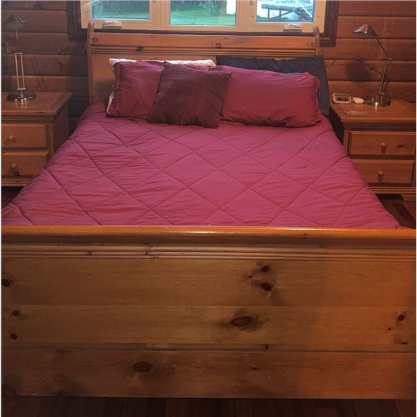 Pine Sleigh Bed Frame With Matching Two-Drawer Nightstands