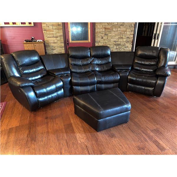 Black Faux Leather Manual Recliner Sectional With Storage Ottoman And Cup Holders