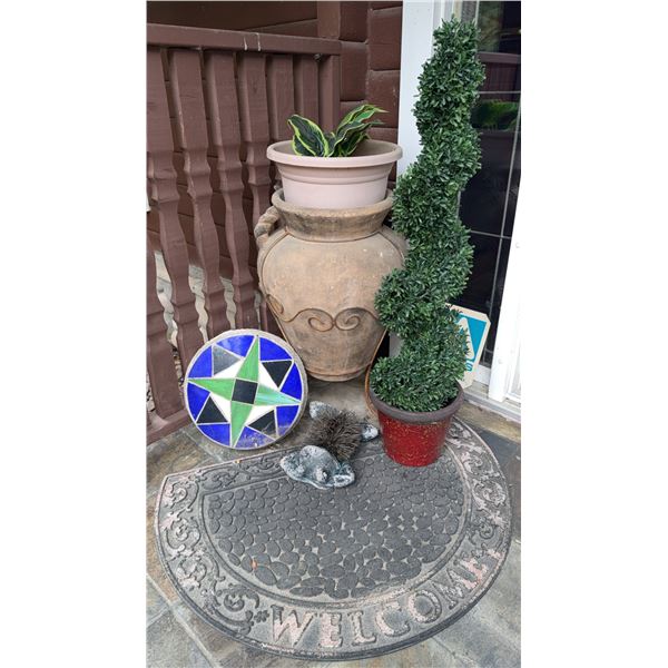 Outdoor Decor Lot: Two Planters, Topiary, Mosaic Accent, Doormat and Hedgehog Figurine