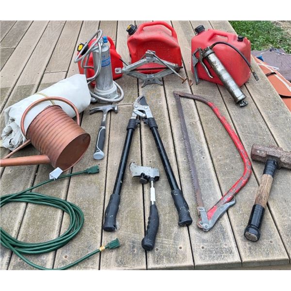 Hand Tools, Gas Cans, Watering Can, and Extension Cord
