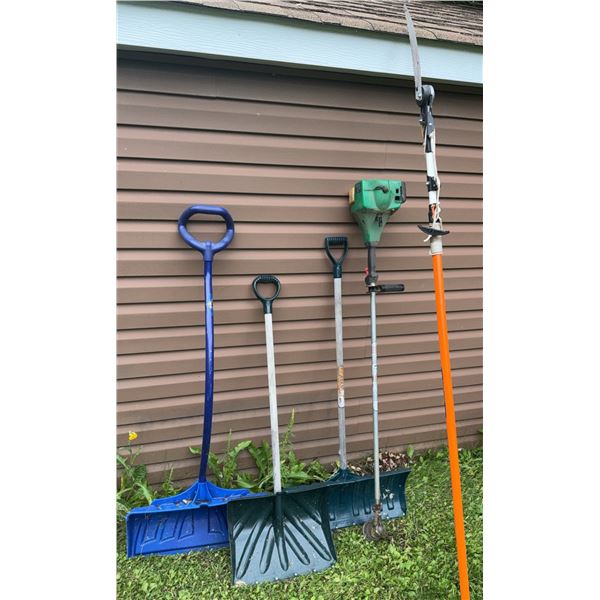 Three Snow Shovels, Gas String Trimmer, and Pole Pruner Saw