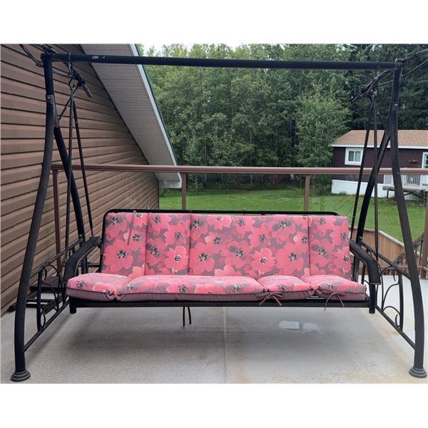 Metal Frame Outdoor Patio Swing with Floral Cushions, Missing Top Cover