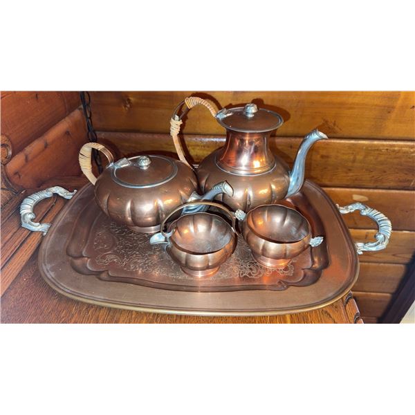 Copper Teapot, Coffee Pot, Creamer, Sugar Bowl, and Handled Tray Set