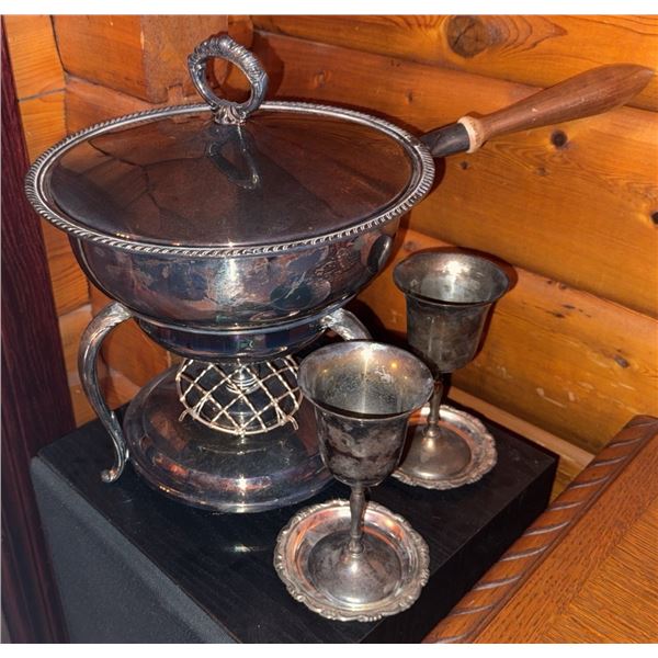 Silverplate Fondue Set with Stand, Two Goblets, and Coasters