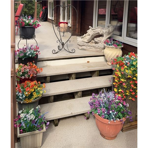 Outdoor Garden Decor with Faux Flowers, Planters, Driftwood Fountains, and Woodpecker Pull Toy