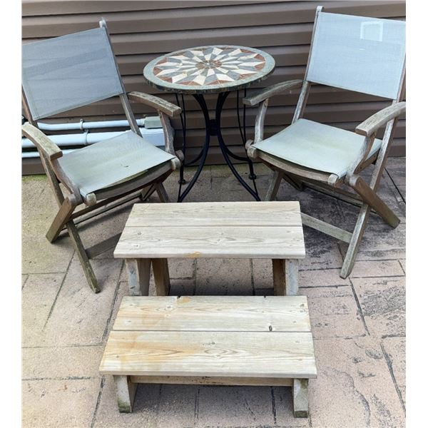 Outdoor Patio Set with Two Folding Chairs, Mosaic Bistro Table, and Wooden Step Stool